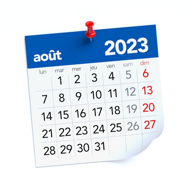 Calendrier août 2023 en langue française isolé sur fond blanc Illustration 3D