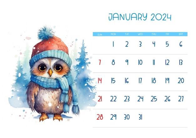 Calendrier à l'aquarelle du hibou de Noël 2024