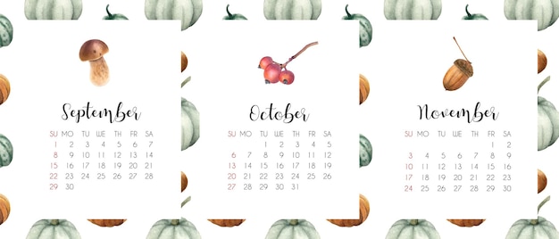 Photo calendrier d'automne aquarelle 2024 calendrier botanique aquarelle automne 2024 avec gland de champignon