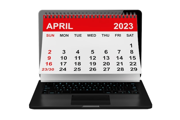 Calendrier d'avril 2023 sur écran d'ordinateur portable rendu 3d