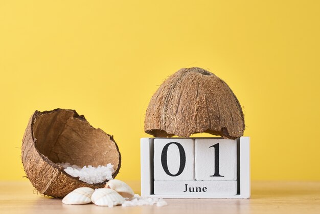 Calendrier de bloc en bois et noix de coco