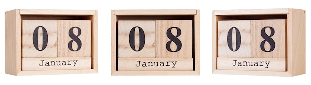 Calendrier en bois un ensemble de dates du mois 08 janvier sur un fond blanc et transparent en gros plan