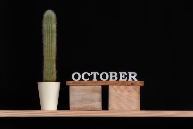 Calendrier en bois d'octobre et cactus sur fond noir. Maquette.