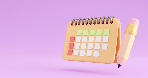 Calendrier de bureau printemps ligne et crayon sur fond de couleur rendu 3d