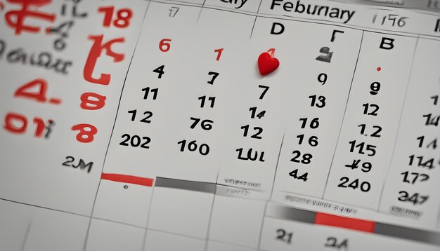 un calendrier avec un cœur rouge et une date écrite dessus