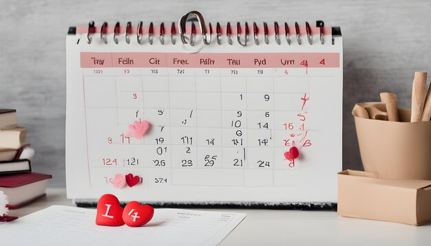 un calendrier avec des cœurs et un cœur rouge dessus