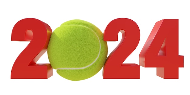 Calendrier des événements de tennis 2024 Numéro du nouvel an avec ballon isolé sur fond blanc rendu 3d