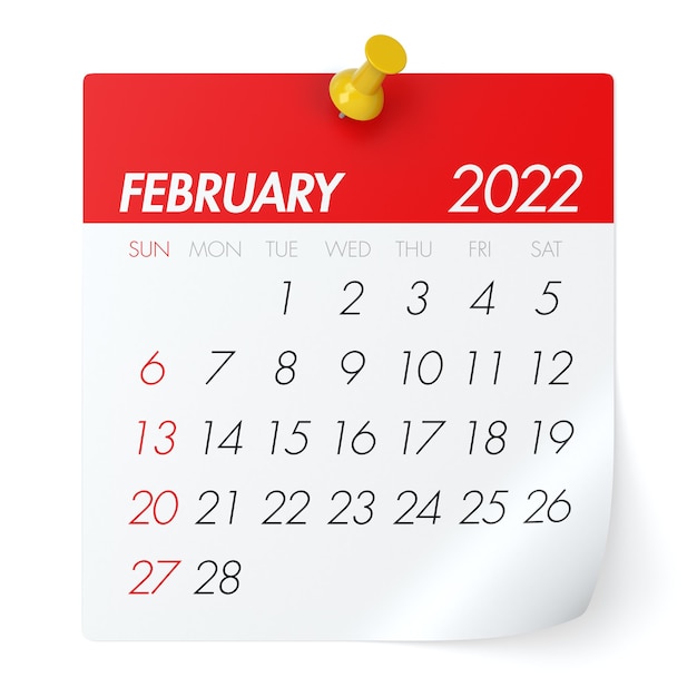 Calendrier de février 2022. Isolé sur fond blanc. Illustration 3D