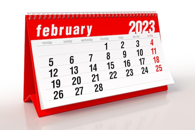 Calendrier février 2023 isolé sur fond blanc Illustration 3D