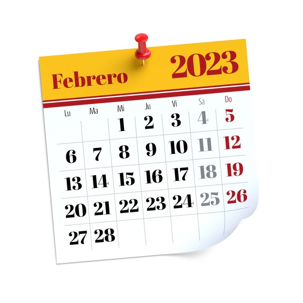 Photo calendrier de février 2023 en langue espagnole isolé sur fond blanc illustration 3d