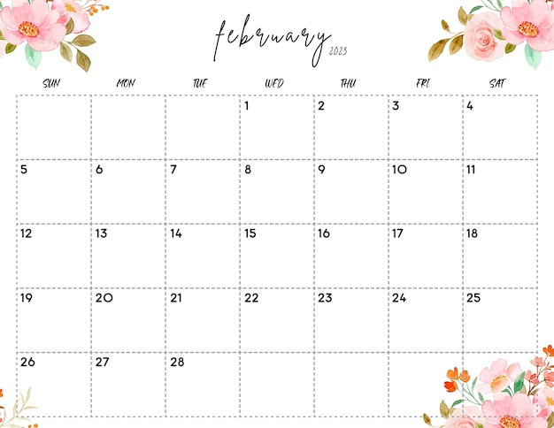 Calendrier floral aquarelle de février 2023