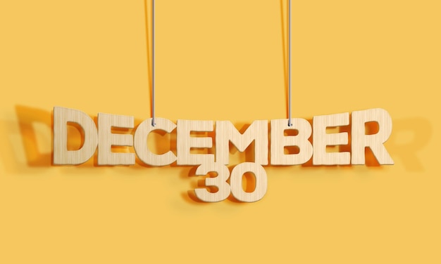 Calendrier de forme suspendue avec lettrage décoratif en bois 3D pour le 30 décembre sur fond jaune