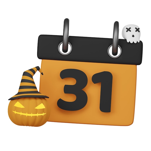 Photo calendrier d'halloween citrouille sur fond blanc rendu d'illustration 3d a un chemin de coupe