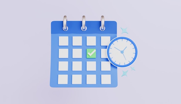 Calendrier avec horloge ronde le concept de planification du jour et de l'heure illustration 3D