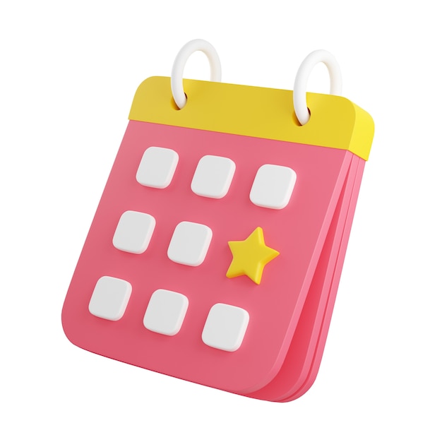 Calendrier avec illustration de rendu 3d date marquée. Organisateur flottant rose avec anneaux, jaune lié et noté avec jour d'étoile pour le concept de planification d'événement ou de vacances isolé sur fond blanc.