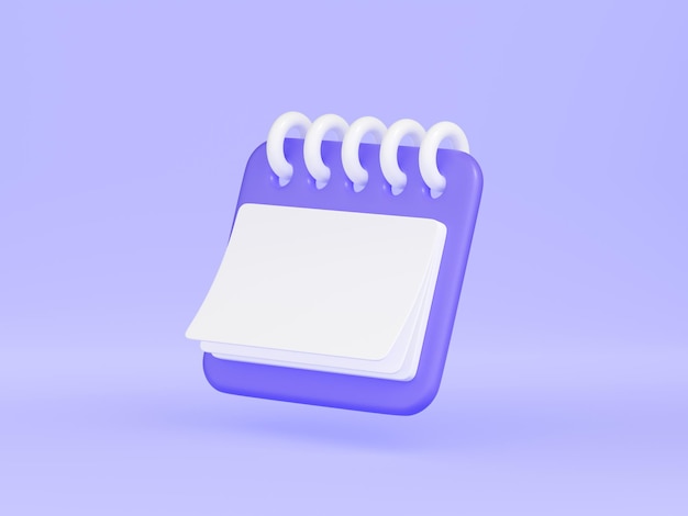 Calendrier avec illustration de rendu 3d Organisateur flottant violet avec anneaux et espace vide pour le texte