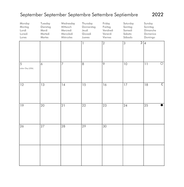 Calendrier international de septembre de l'année 2022 avec jours fériés