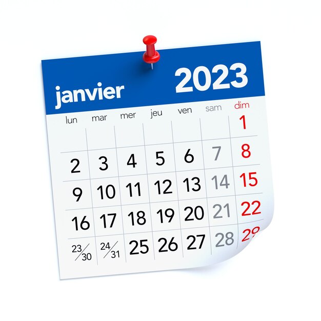 Photo calendrier de janvier 2023 en langue française isolé sur fond blanc illustration 3d