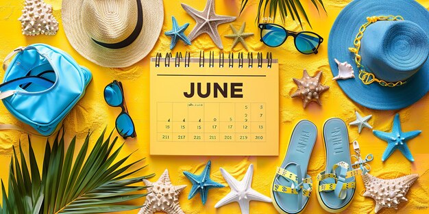 Photo un calendrier jaune avec un chapeau de paille et des lunettes de soleil sur un fond jaune