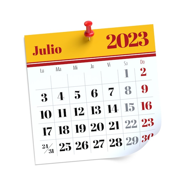 Calendrier de juillet 2023 en langue espagnole isolé sur fond blanc Illustration 3D