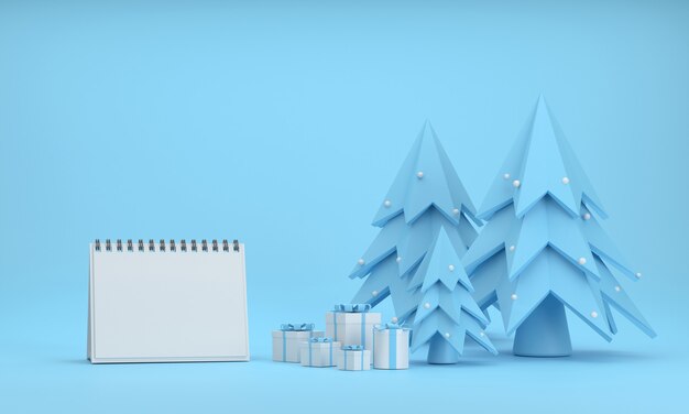 Calendrier de neige de sapin de Noël 3D et coffrets cadeaux au festival de Noël sur fond bleu