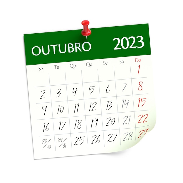 Calendrier d'octobre 2023 en langue portugaise isolé sur fond blanc Illustration 3D