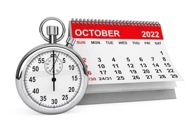 Calendrier d'octobre de l'année 2022 avec rendu 3d du chronomètre