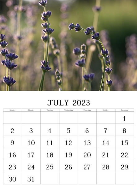 Calendrier avec photo nature pour juillet 2023