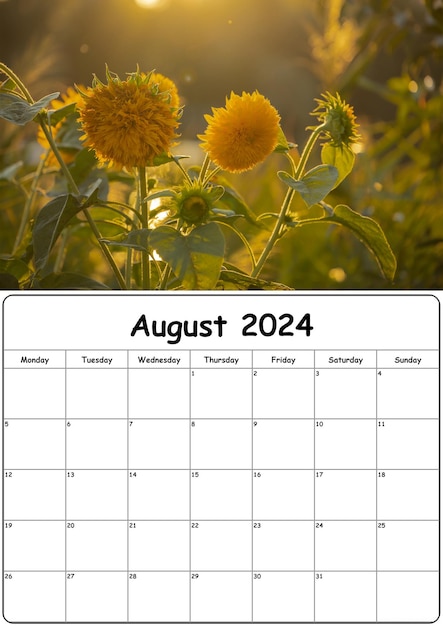 Calendrier avec des photos de la nature pour août 2024
