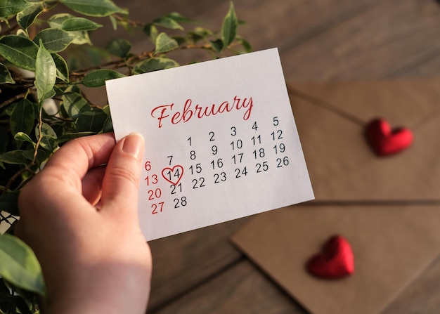 Calendrier pour février dans une main féminine le th de février saint valentin