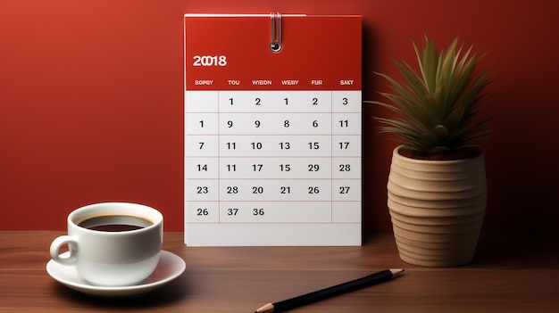 Calendrier, réveil et tasse de café sur une table en bois.