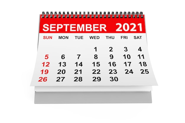 Calendrier de septembre de l'année 2021 sur fond blanc. Rendu 3D