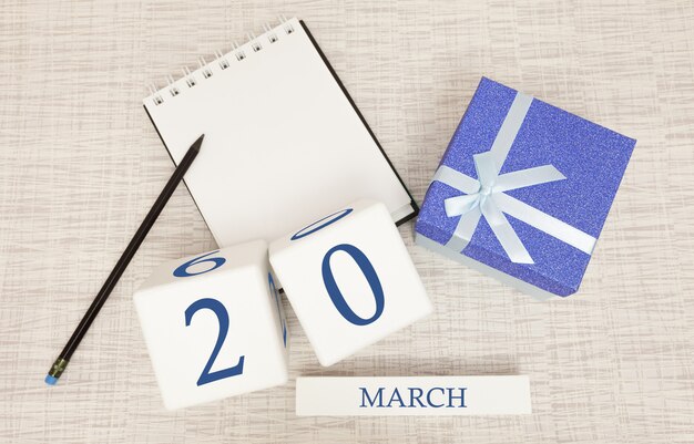 Calendrier avec texte et chiffres bleu tendance pour le 20 mars