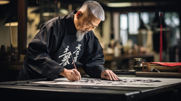 Photo calligraphe chinois créant des caractères élégants sur rouleau