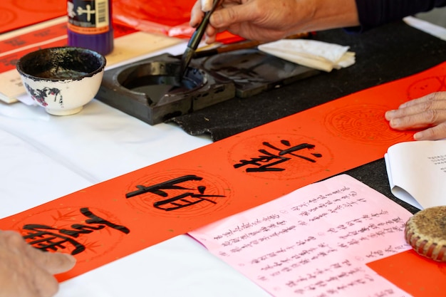 Calligraphe de la Fête du Printemps de Chine distiques manuscrits de la Fête du Printemps caractères au pinceau