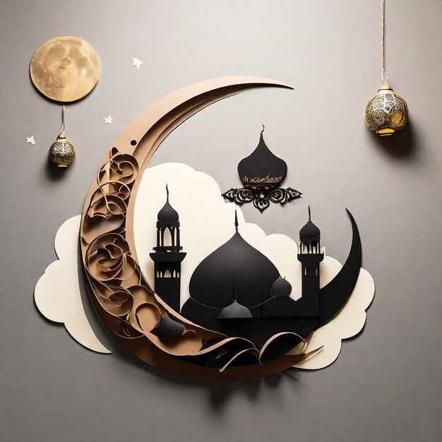 Calligraphie arabe dorée du Ramadan Kareem avec une lanterne et des lumières éclairées par le croissant de lune sur un fond brun