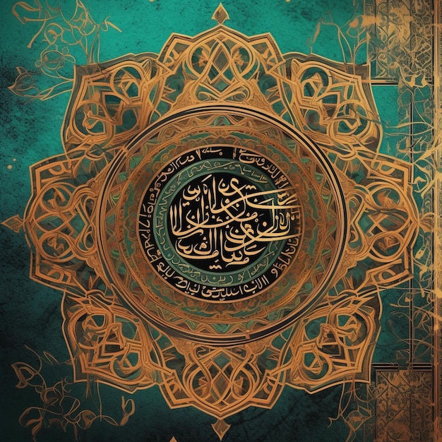 Calligraphie arabe sur un livre avec un dessin doré et vert