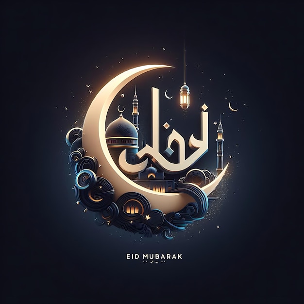 Calligraphie Eid Mubarak avec une lune gravée creuse sur un fond bokeh doré