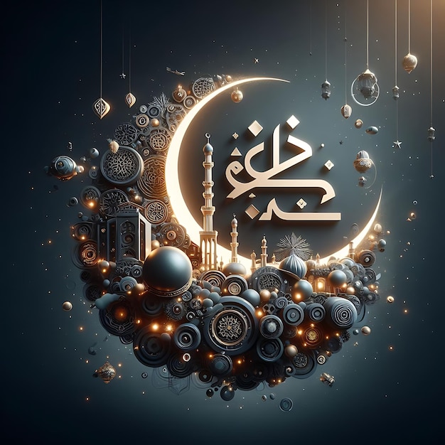 Calligraphie Eid Mubarak avec une lune gravée creuse sur un fond bokeh doré