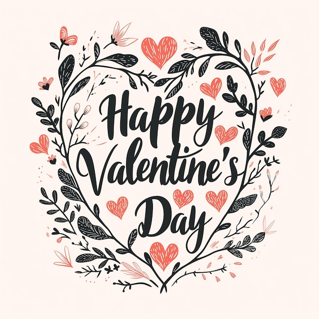 Calligraphie Joyeux jour de la Saint-Valentin texte noir écrit à la main illustration de lettres avec des cœurs roses