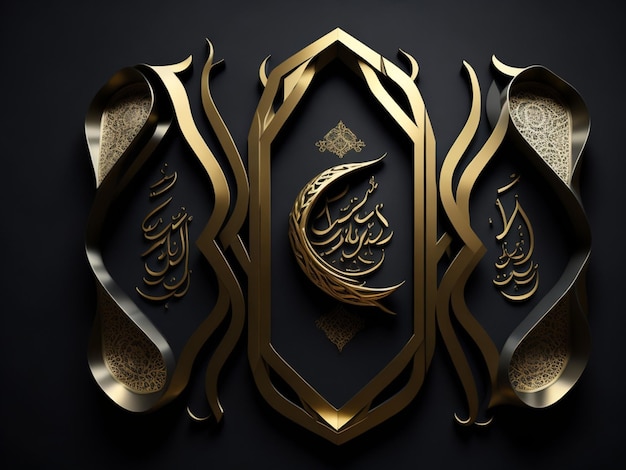 Calligraphie Ramadan Kareem avec motif or sur fond noir Art numérique pour la décoration murale