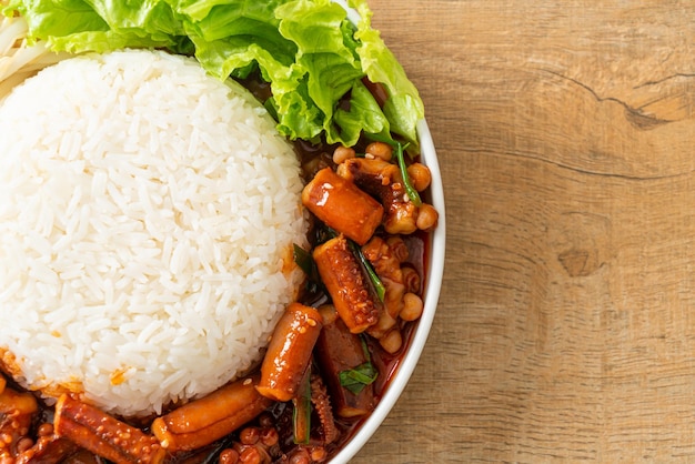 Photo calmars ou poulpes sautés avec bol de riz à la sauce épicée coréenne