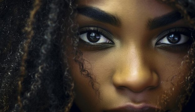 Calme sérieuse belle femme afro-américaine du millénaire avec des cheveux bouclés épais regardant vers l'avant