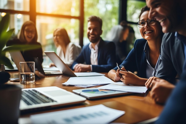 Camaraderie de bureau Divers employés s'amusent avec l'IA générative