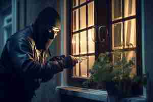 Photo un cambrioleur habile entre habilement dans une maison avec une torche et une fenêtre ouverte