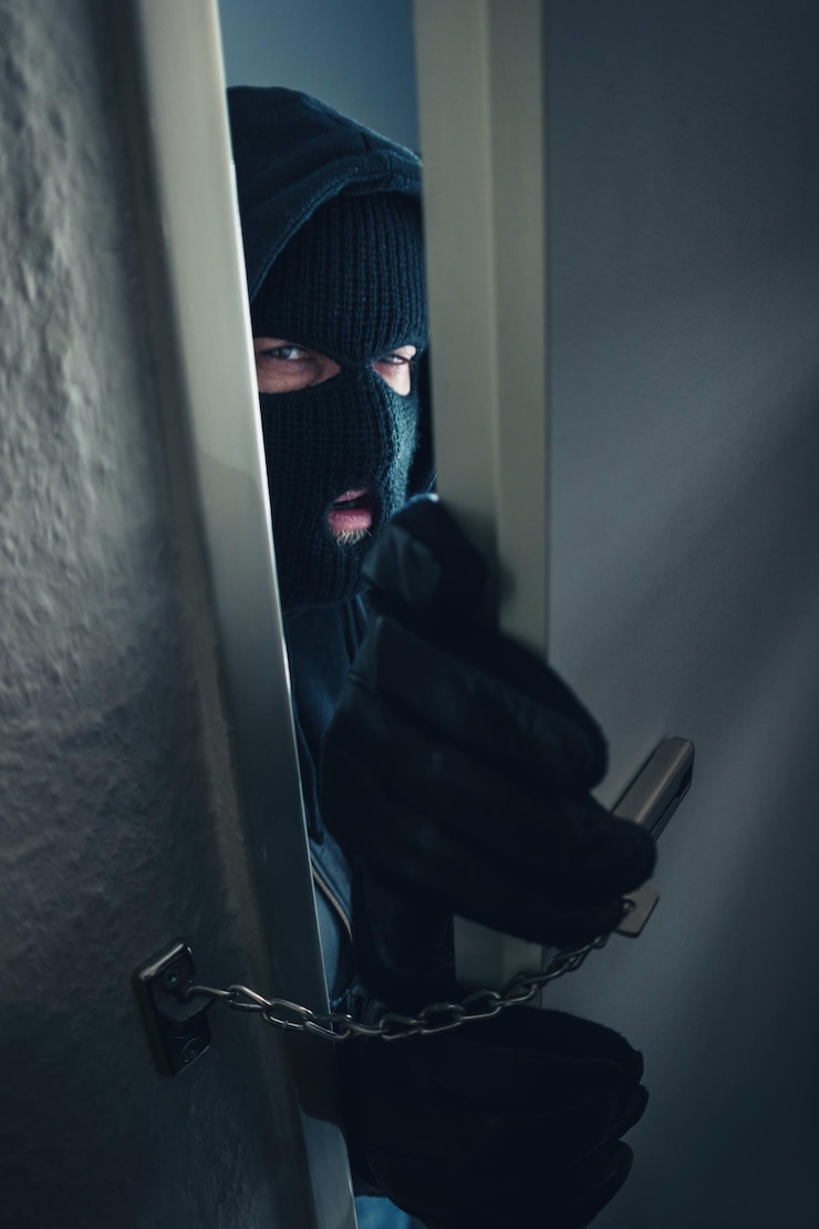 Photo cambrioleur masqué dangereux pénétrant par effraction dans la porte de la maison d'une victime