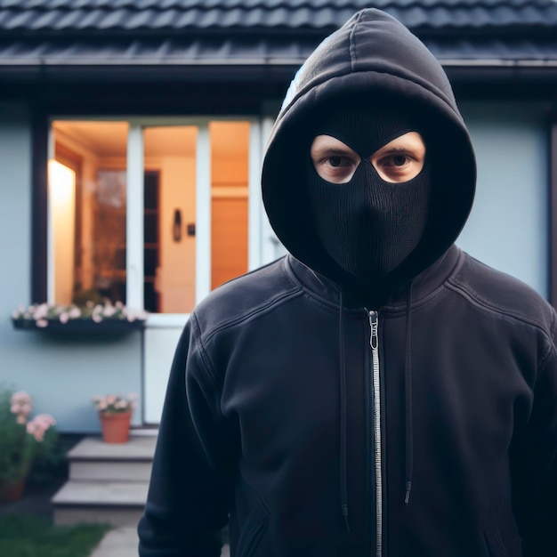 Un cambrioleur vêtu de vêtements noirs et d'un masque noir se tient devant une maison ai générative