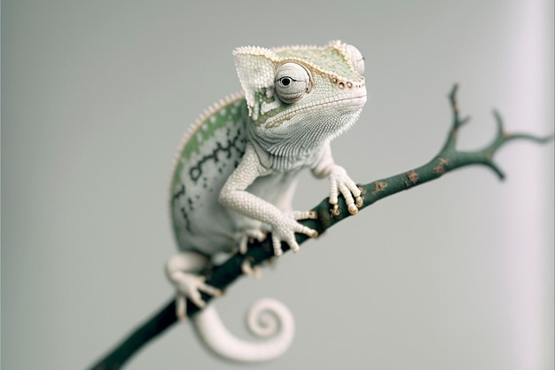 Caméléon albinos sur une branche sur fond blanc