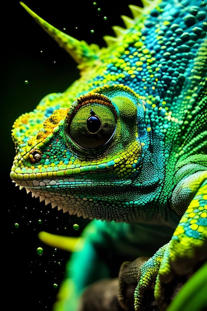 Un caméléon au visage vert et bleu.