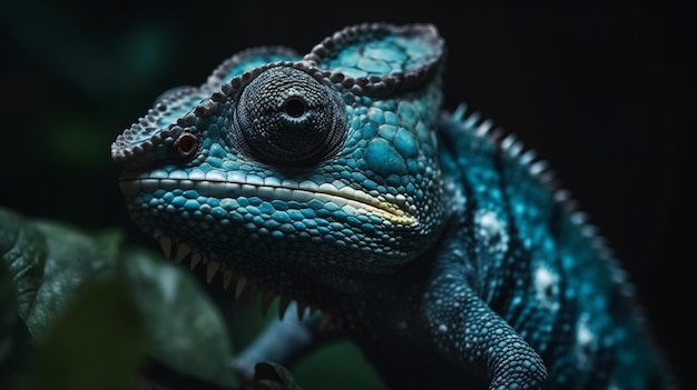 Un caméléon bleu est assis sur une branche dans une pièce sombre.